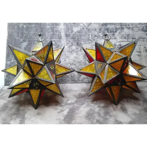 Moroccan Moravian Stained Glass 14" Star Hanging Tealight Candle Holder 2PC Set - Picture 4 of 10